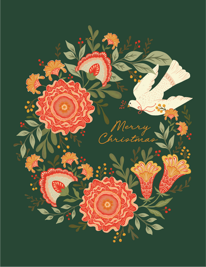 Green Vines Christmas Wreath Card | Folk Art Holiday Card