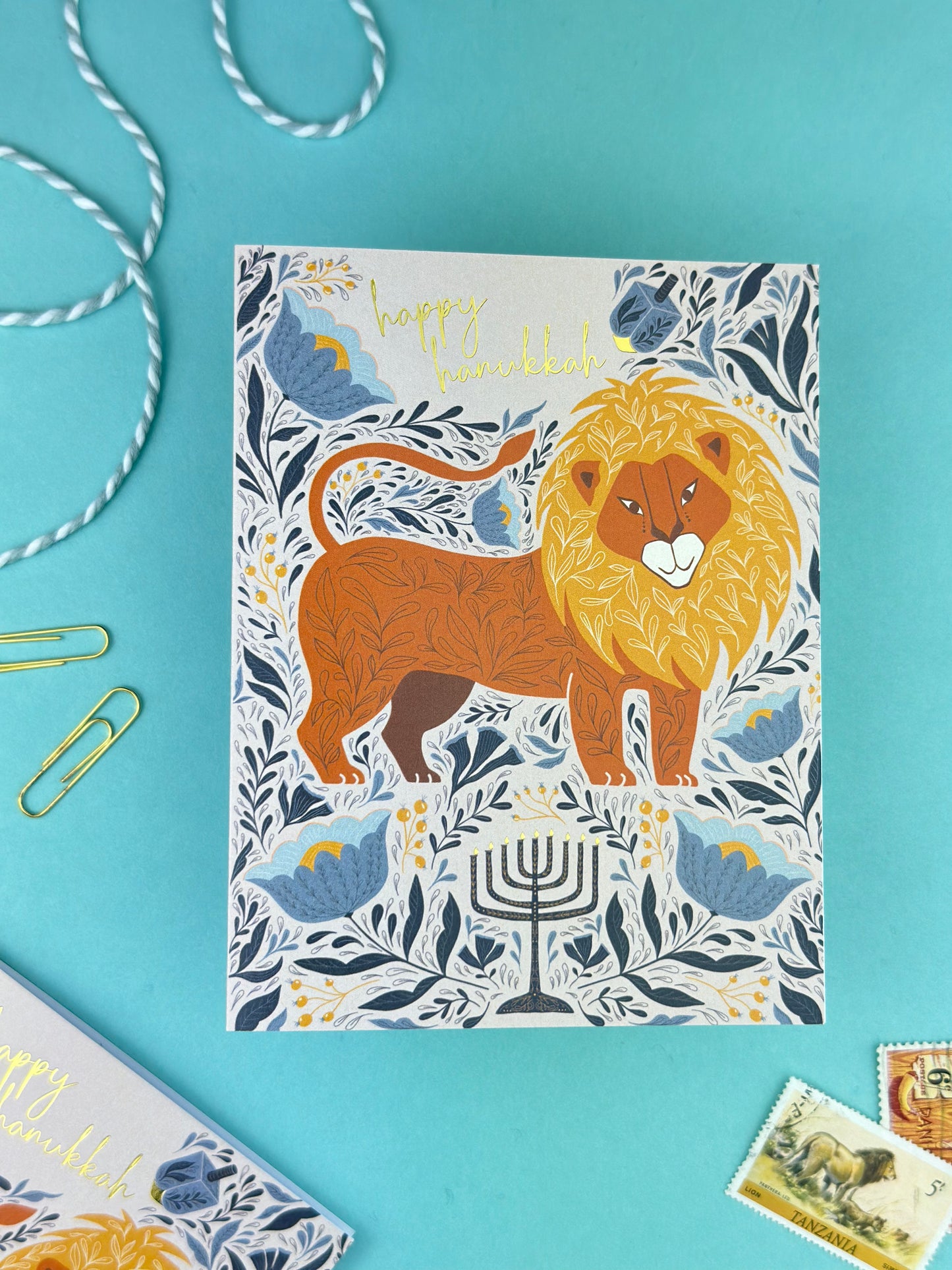 Happy Hanukkah Lion Gold Foil Greeting Card