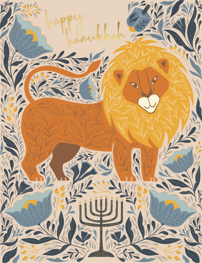 Happy Hanukkah Lion Gold Foil Greeting Card
