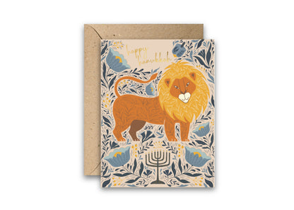 Happy Hanukkah Lion Gold Foil Greeting Card
