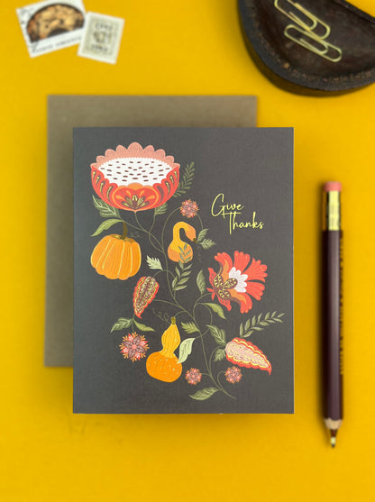 Pumpkin Garden Give Thanks Gold Foil Greeting Card