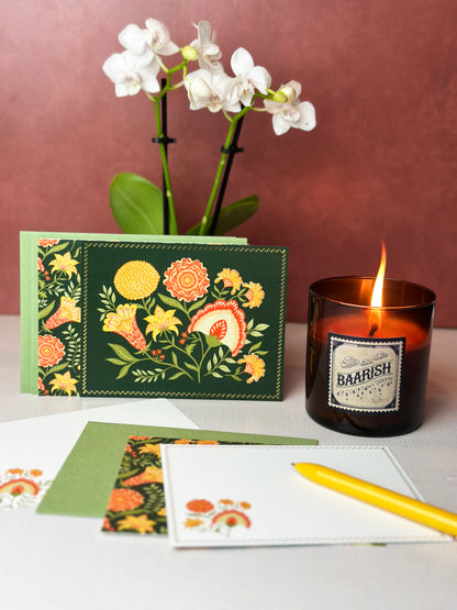 Green Botanical Florals Writing Gift Set with Baarish (Rain) Candle – Holiday Stationery Bundle