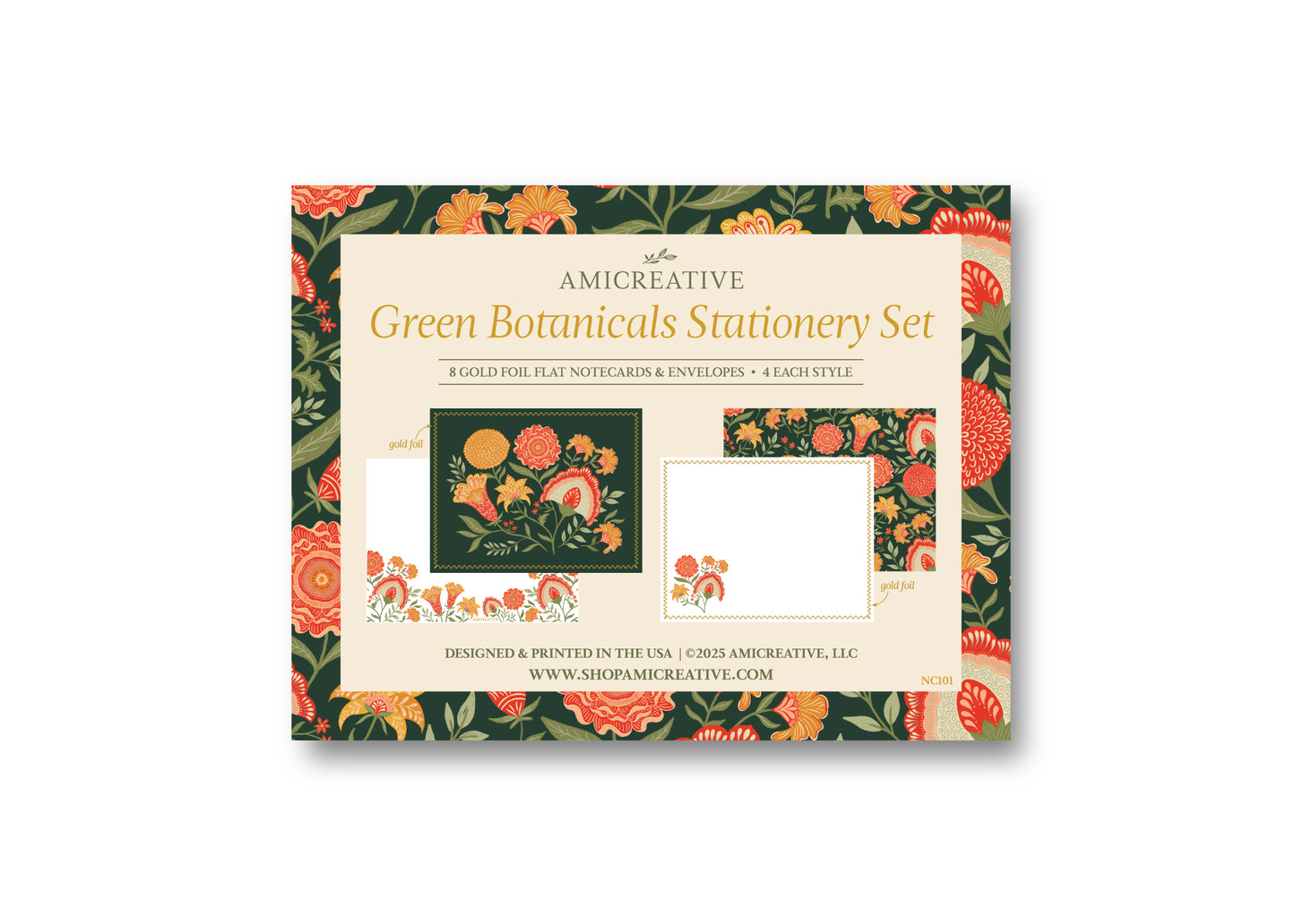 Green Botanical Floral Luxury Stationery Set – 8 Flat Notecards