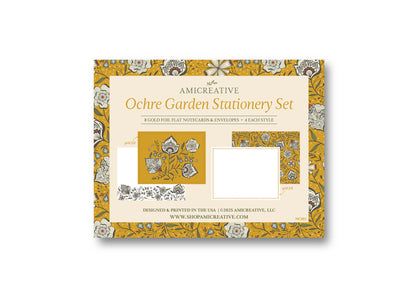 Ochre Yellow Floral Luxury Stationery Set – 8 Flat Notecards