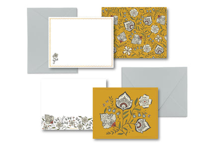 Ochre Yellow Floral Luxury Stationery Set – 8 Flat Notecards