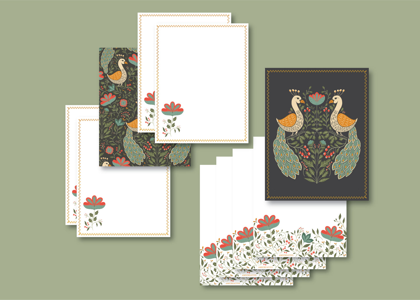 Teal Peacock Floral Luxury Stationery Set – 8 Flat Notecards