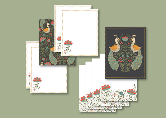 Teal Peacock Floral Luxury Stationery Set – 8 Flat Notecards