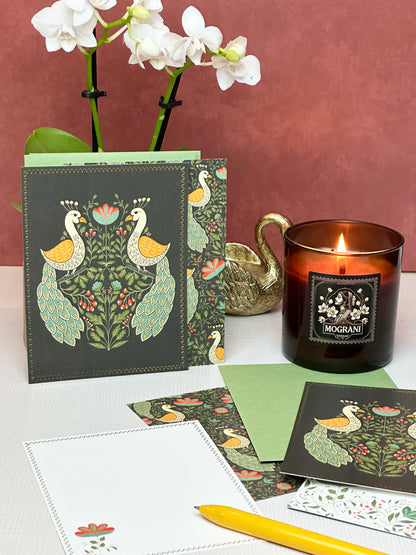 Peacock Garden Writing Gift Set with Mograni (Indian Jasmine) Candle – Holiday Stationery Bundle