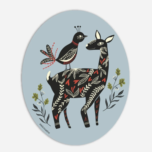 Birds and Deer Winter Folk Vinyl Sticker