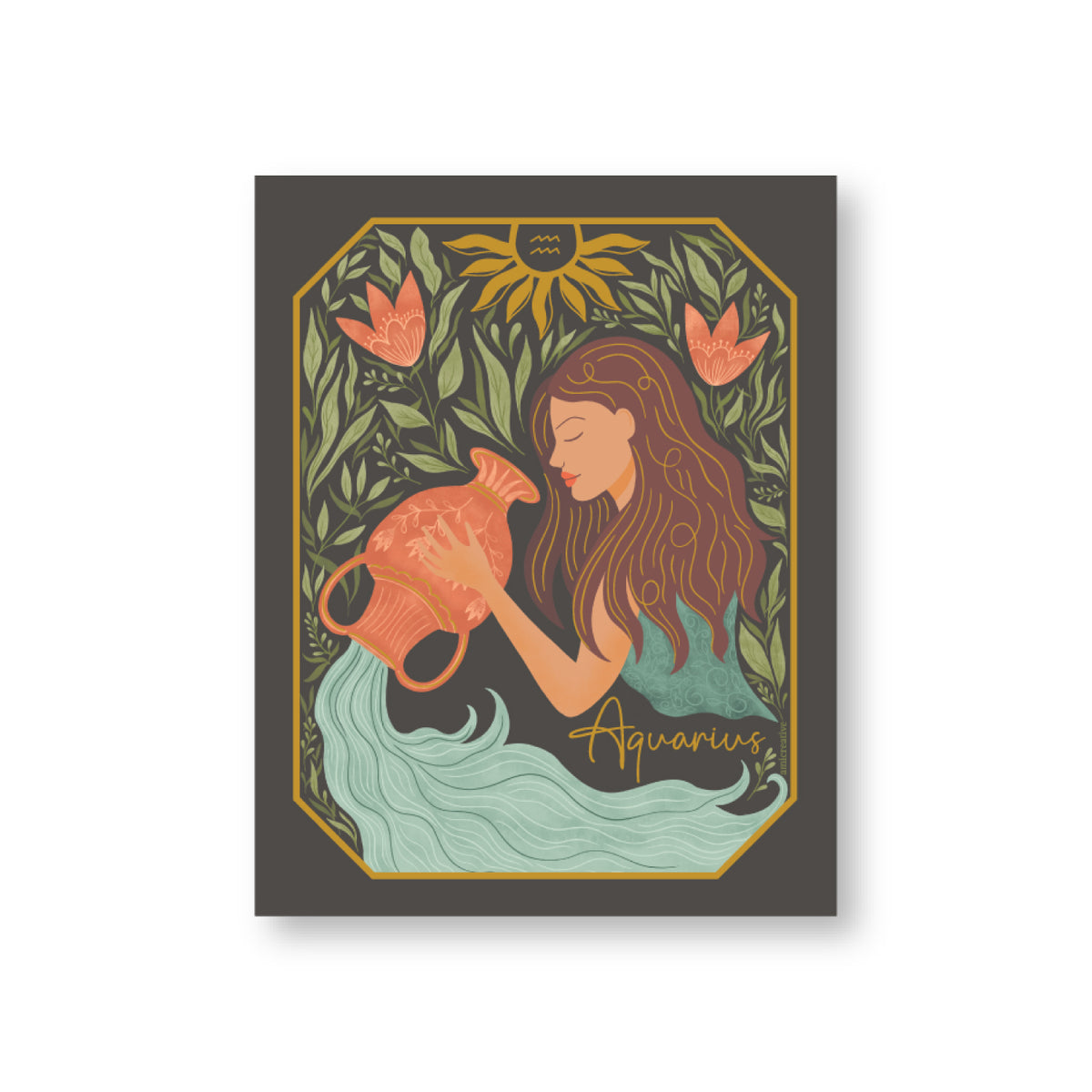Aquarius zodiac vinyl sticker, hand-illustrated water bearer with gold metallic accents and coral florals by Amita Nair