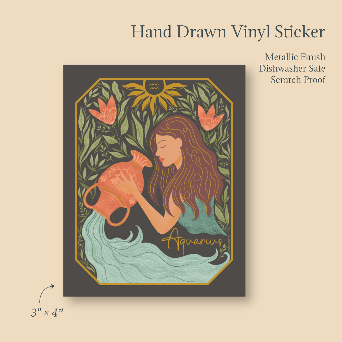Aquarius zodiac sticker size and features: 3" x 4", waterproof, scratch-resistant, dishwasher safe vinyl