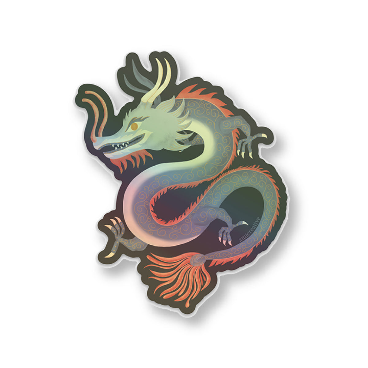 Dragon holographic vinyl sticker, hand-illustrated blue and red dragon with holographic shine by Amita Nair
