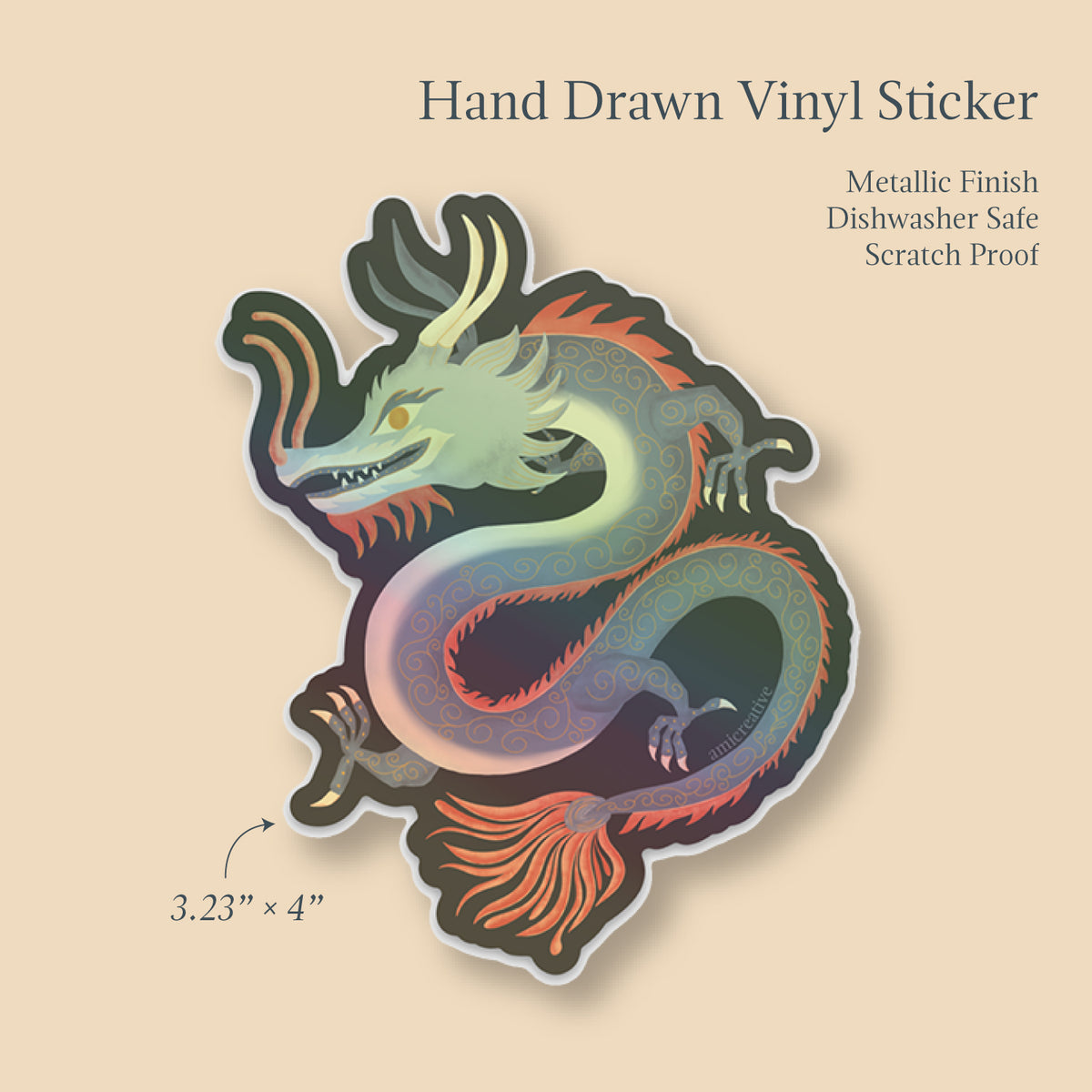 Dragon holographic sticker size and features: 3.23" x 4", waterproof, scratch-resistant, dishwasher safe vinyl