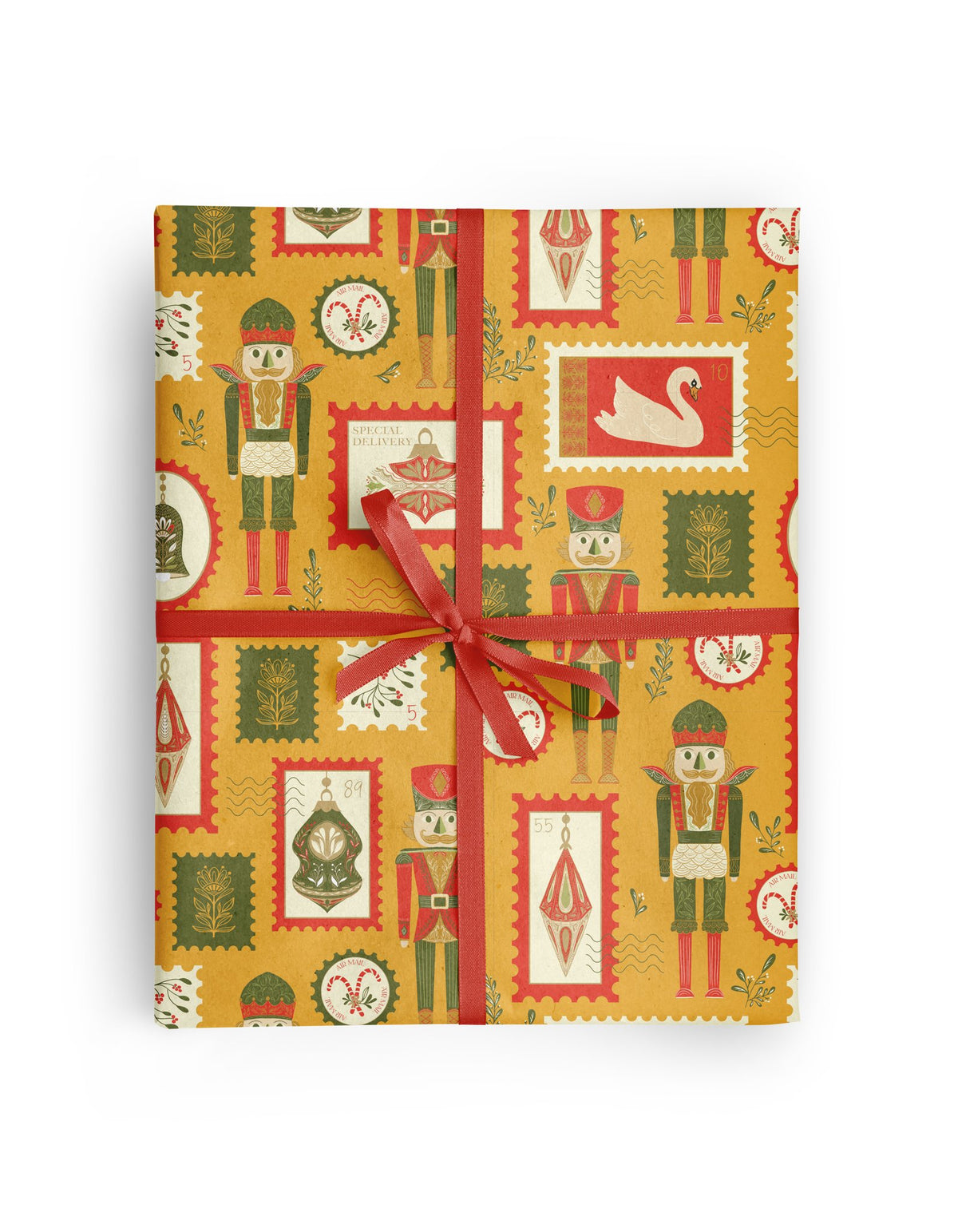 Nutcracker Postage Wrapping Paper wrapped around a gift, hand-illustrated nutcrackers, ornaments, swans and candy canes as postage stamps on golden yellow by Amita Nair