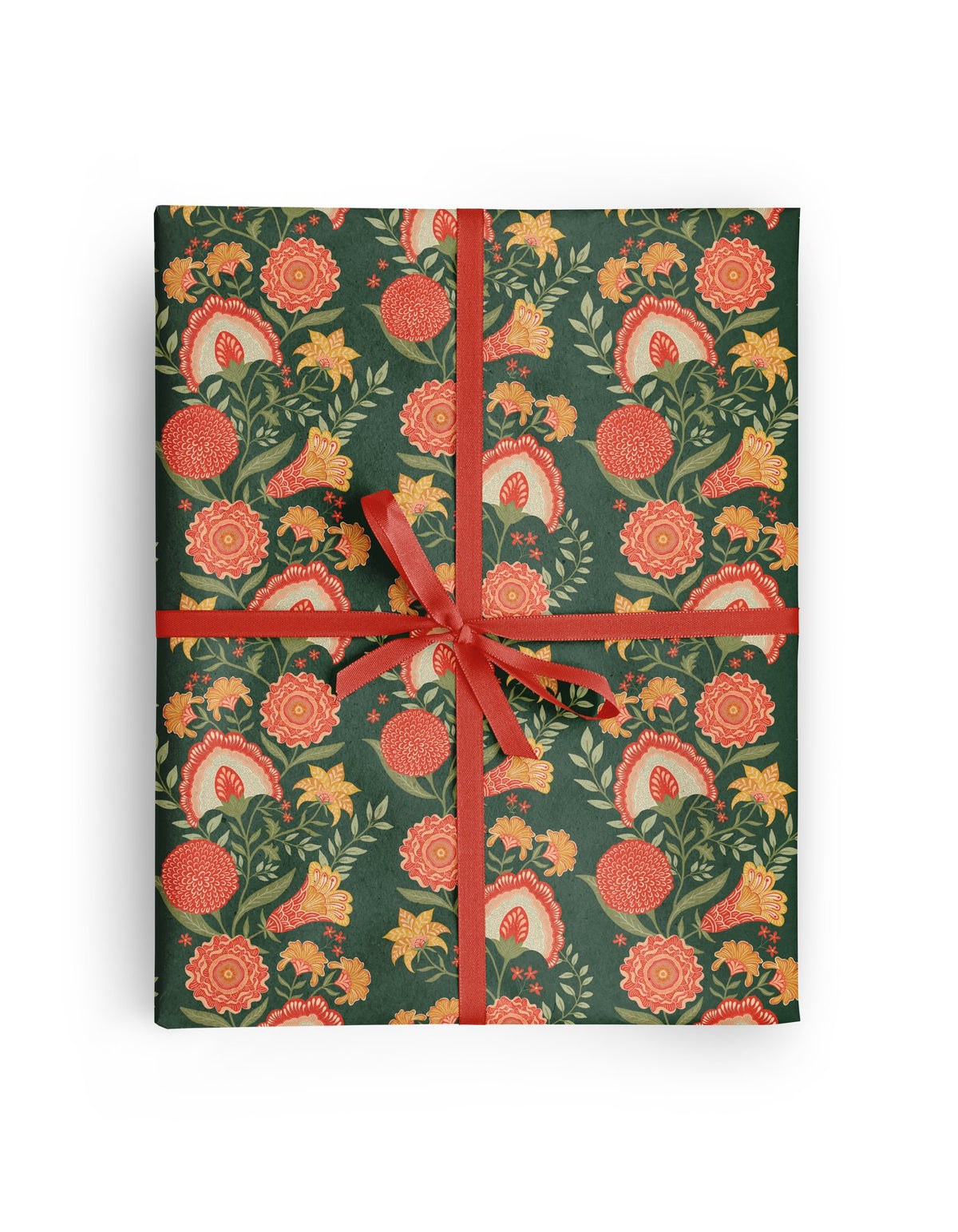 Green Vines Folk Wrapping Paper wrapped around a gift, hand-illustrated block-print-inspired florals on winding green vines by Amita Nair