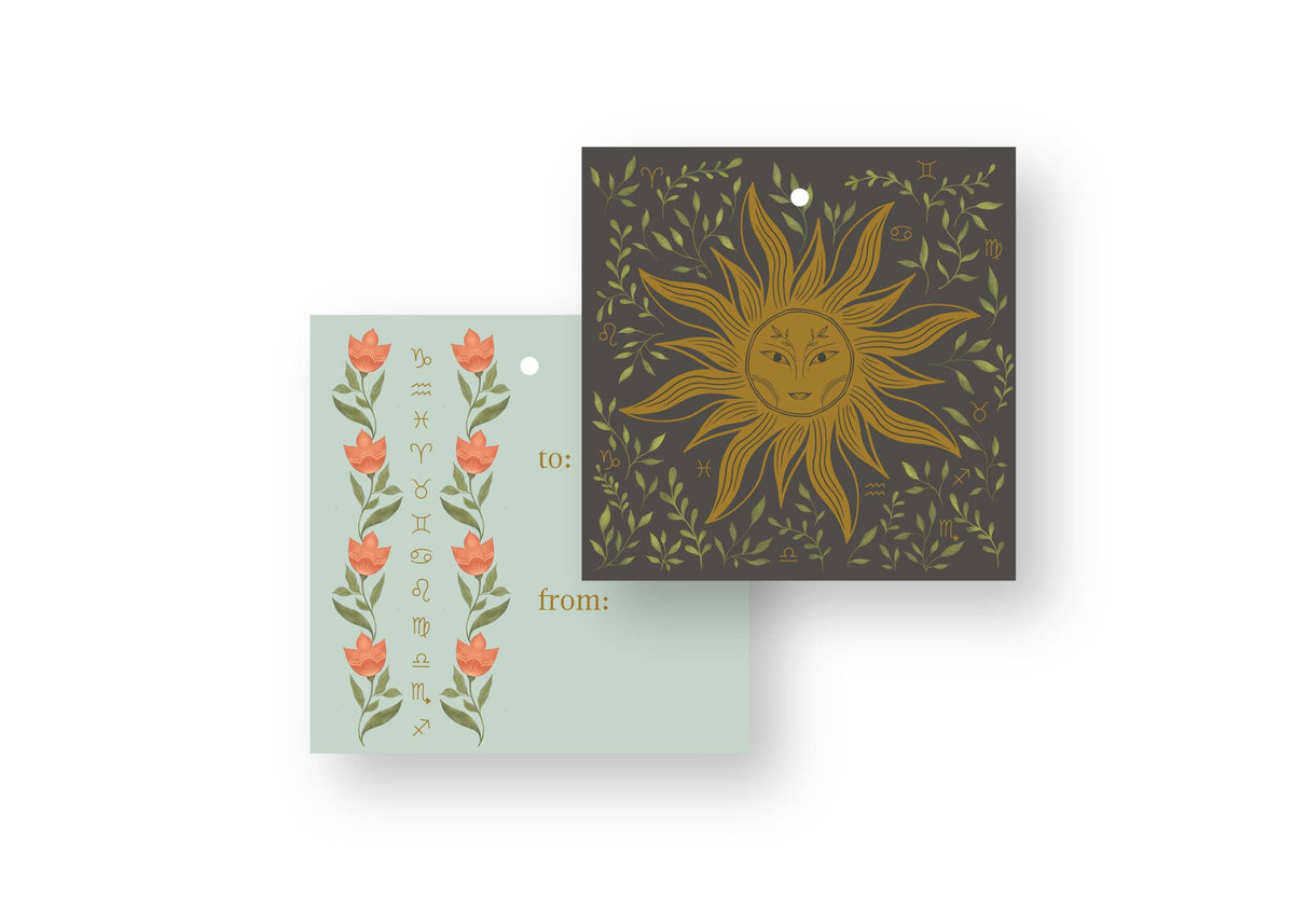 Zodiac Sun Gift Tags, double-sided hand-illustrated tags with a golden sun face and zodiac symbols by Amita Nair