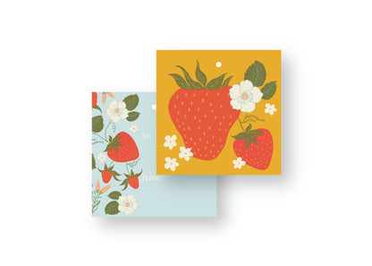 Strawberry Garden Gift Tags, double-sided hand-illustrated tags with strawberries on golden yellow by Amita Nair