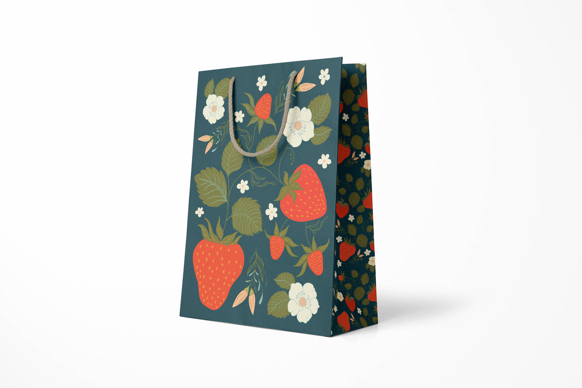 Strawberry Garden Large Gift Bag, hand-illustrated strawberries and white flowers on deep teal by Amita Nair