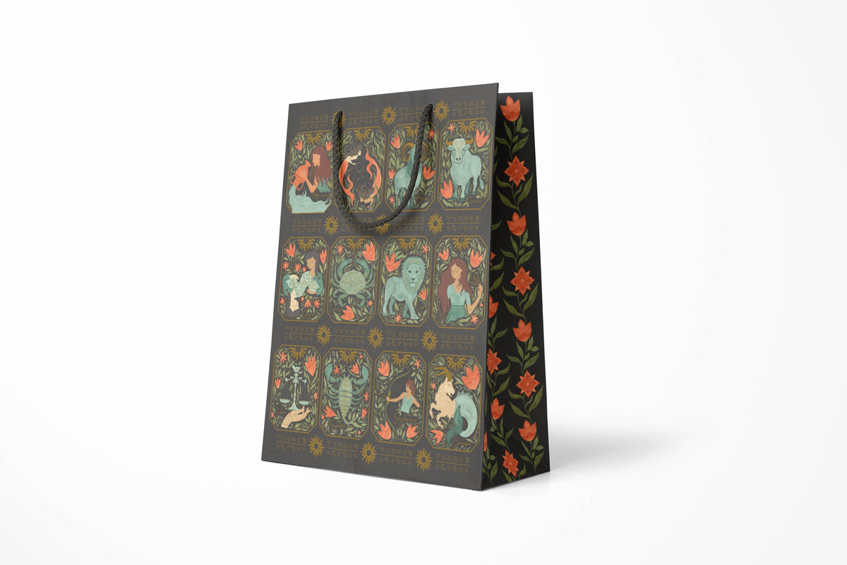 Zodiac Garden Large Gift Bag, hand-illustrated zodiac signs and garden florals by Amita Nair