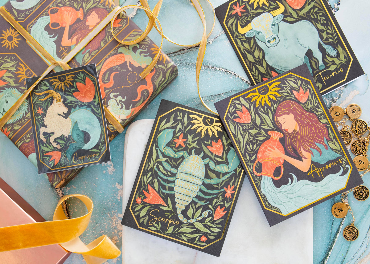 Zodiac Garden Large Gift Bag detail, hand-illustrated zodiac signs in card-style panels by Amita Nair