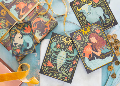 Zodiac Garden Large Gift Bag detail, hand-illustrated zodiac signs in card-style panels by Amita Nair