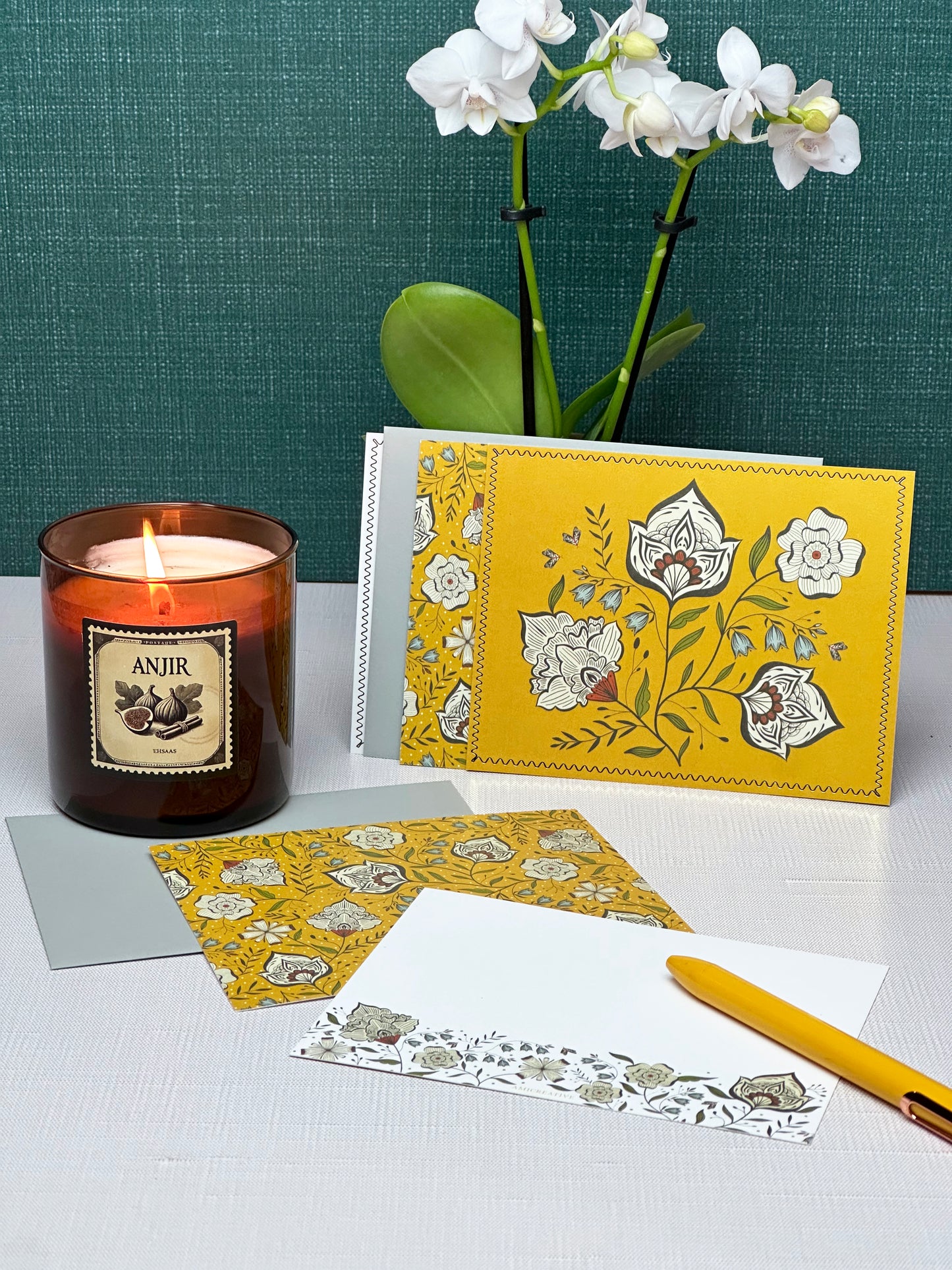 Ochre Garden Writing Gift Set with Anjir (Fig) Candle – Holiday Stationery Bundle